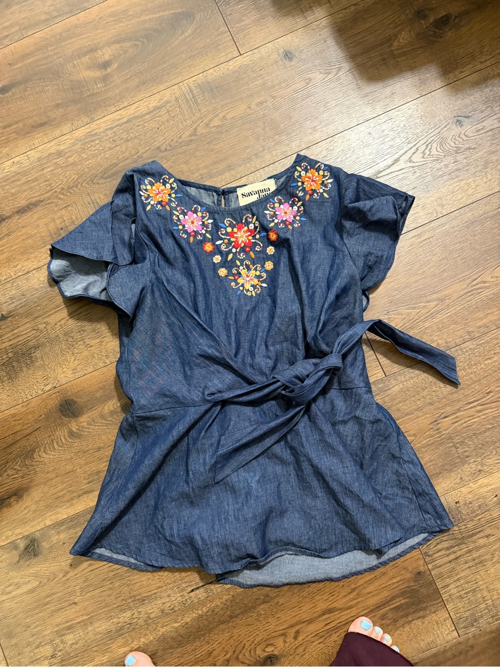 Savanna Jane Blue Chambray Embroidered Tie-Waist Blouse